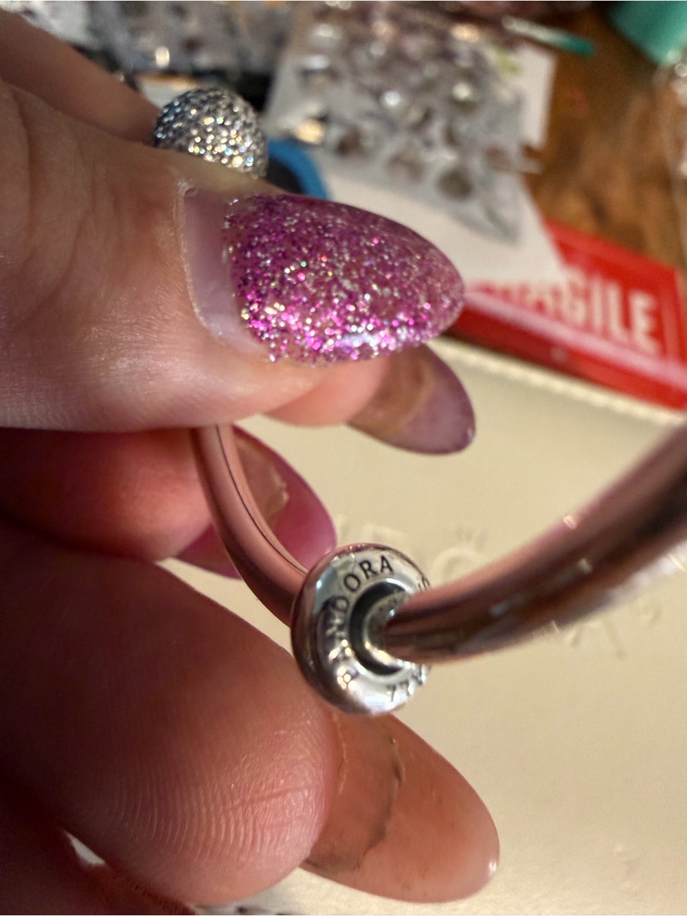 Pandora Silver Open Bangle with Pavé End Caps - Silver - Picture 2 of 6